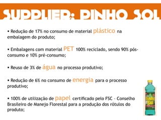  Redução de 17% no consumo de material plástico na
embalagem do produto;
 Embalagens com material PET 100% reciclado, sendo 90% pós-
consumo e 10% pré-consumo;
 Reuso de 3% de água no processo produtivo;
 Redução de 6% no consumo de energia para o processo
produtivo;
 100% de utilização de papel certiﬁcado pelo FSC – Conselho
Brasileiro de Manejo Florestal para a produção dos rótulos do
produto;
 
