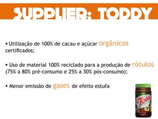  Utilização de 100% de cacau e açúcar orgânicos
certiﬁcados;
 Uso de material 100% reciclado para a produção de rótulos
(75% a 80% pré-consumo e 25% a 30% pós-consumo);
 Menor emissão de gases de efeito estufa
 