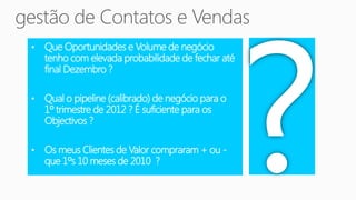 •   Que Oportunidades e Volume de negócio
    tenho com elevada probabilidade de fechar até
    final Dezembro ?

•   Qual o pipeline (calibrado) de negócio para o
    1º trimestre de 2012 ? É suficiente para os
    Objectivos ?

•   Os meus Clientes de Valor compraram + ou -
    que 1ºs 10 meses de 2010 ?
 