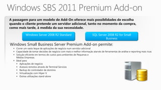 A passagem para um modelo de Add-On oferece mais possiblidades de escolha
quando o cliente pretende um servidor adicional, tanto no momento da compra,
como mais tarde, à medida da sua necessidade.

             Windows Server 2008 R2 Standard                              SQL Server 2008 R2 for Small
                                                                                   Business

Windows Small Business Server Premium Add-on permite:
   Correr um vasto leque de aplicações de negócio num servidor adicional
   Capacidade de tomar decisões de negócio com mais e melhor informação atarvés de ferramentas de análise e reporting mais ricas
   Solução eficiente em termos de custos para ambientes de Pequenas e
    Médias Empresas.
   Ideal para:
     Aplicações de negócio
     Acessos remotos através de Terminal Services
     Backup do controlador de domínio
     Virtualização com Htper-V
     Outras utilizações stand-alone
 
