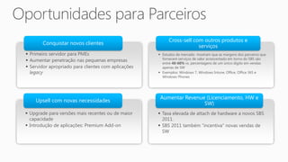 Cross-sell com outros produtos e
       Conquistar novos clientes
                                                                       serviços
 Primeiro servidor para PMEs                         Estudos de mercado mostram que as margens dos parceiros que
 Aumentar penetração nas pequenas empresas            fornecem serviços de valor acrescentado em torno do SBS são
                                                       entre 40-60% vs. percentagens de um único dígito em vendas
 Servidor apropriado para clientes com aplicações     apenas de SW
  legacy                                              Exemplos: Windows 7, Windows Intune, Office, Office 365 e
                                                       Windows Phones




                                                      Aumentar Revenue (Licenciamento, HW e
    Upsell com novas necessidades
                                                                      SW)
 Upgrade para versões mais recentes ou de maior      Taxa elevada de attach de hardware a novos SBS
  capacidade                                           2011.
 Introdução de aplicações: Premium Add-on            SBS 2011 também “incentiva” novas vendas de
                                                       SW
 