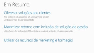 Oferecer soluções aos clientes


Maximizar retorno com inclusão de solução de gestão


Utilizar os recursos de marketing e formação
 