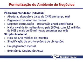 Formalização do Ambiente de Negócios
Microempreendedor Individual
 Abertura, alteração e baixa de CNPJ em tempo real
 Pagamento de valor fixo mensal
 Dispensa escrituração – Declaração anual simplificada
 Maior nível de formalização no pais (60%), com 3,3 milhões
de MEI e mais de 90 mil novas empresas por mês
Simples Nacional
 Mais de 4,48 milhões de inscritos
 Simplificação de escriturações e de obrigações
•

Um pagamento mensal

•

Extinção da Declaração Anual

 