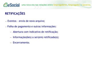 uma nova era nas relações entre Empregadores, Empregados e Governo.

RETIFICAÇÕES


Eventos – envio de novo arquivo;



Folha de pagamento e outras informações:
– Abertura com indicativo de retificação;
– Informação(ões) a ser(em) retificada(s);
– Encerramento.

 