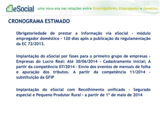 uma nova era nas relações entre Empregadores, Empregados e Governo.

CRONOGRAMA ESTIMADO
Obrigatoriedade de prestar a informação via eSocial - módulo
empregador doméstico – 120 dias após a publicação da regulamentação
da EC 72/2013.
Implantação do eSocial por fases para o primeiro grupo de empresas –
Empresas do Lucro Real: Até 30/06/2014 – Cadastramento inicial; A
partir da competência 07/2014 – Envio dos eventos de mensais de folha
e apuração dos tributos. A partir da competência 11/2014 –
substituição da GFIP
Implantação do eSocial com Recolhimento unificado – Segurado
especial e Pequeno Produtor Rural – a partir de 1º de maio de 2014

 
