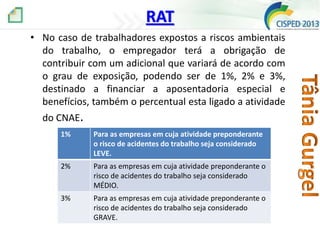 RAT
• No caso de trabalhadores expostos a riscos ambientais
do trabalho, o empregador terá a obrigação de
contribuir com um adicional que variará de acordo com
o grau de exposição, podendo ser de 1%, 2% e 3%,
destinado a financiar a aposentadoria especial e
benefícios, também o percentual esta ligado a atividade

do CNAE.
1%

Para as empresas em cuja atividade preponderante
o risco de acidentes do trabalho seja considerado
LEVE.

2%

Para as empresas em cuja atividade preponderante o
risco de acidentes do trabalho seja considerado
MÉDIO.

3%

Para as empresas em cuja atividade preponderante o
risco de acidentes do trabalho seja considerado
GRAVE.

 