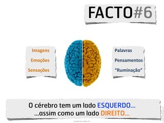 FACTO#6

 Imagens'                                    Palavras'
 Emoções'                                    Pensamentos'
Sensações'                                   “Ruminação”'




O cérebro tem um lado ESQUERDO…




                                                            Image: Gettyimages.com
  ...assim como um lado DIREITO...
              Copyright Vasco Gaspar, 2011
 