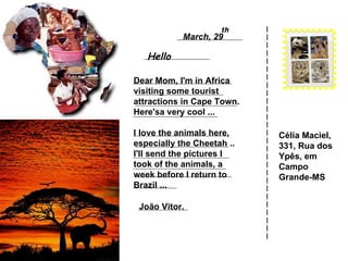 Dear Mom, I'm in Africa visiting some tourist attractions in Cape Town. Here'sa very cool ... I love the animals here, especially the Cheetah .. I'll send the pictures I took of the animals, a week before I return to Brazil ... João Vitor.   Hello March, 29 th Célia Maciel, 331, Rua dos Ypês, em Campo Grande-MS 