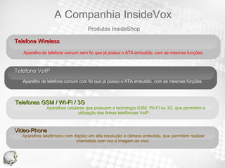 Telefone Wireless  Aparelho de telefone comum sem fio que já possui o ATA embutido, com as mesmas funções.   Telefone VoIP  Aparelho de telefone comum com fio que já possui o ATA embutido, com as mesmas funções.  Telefones GSM / WI-FI / 3G  Aparelhos celulares que possuem a tecnologia GSM, WI-FI ou 3G, que permitem a utilização das linhas telefônicas VoIP.  Produtos InsideShop A Companhia InsideVox Video-Phone  Aparelhos telefônicos com display em alta resolução e câmera embutida, que permitem realizar chamadas com voz e imagem ao vivo.  