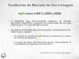 VoIP  cresce 4.000 % (2005 a 2006) O Ministério das Comunicações registrou no período dez/2005 a dez/2006 o aumento na transmissão de voz pela internet de 2.111 para 89.066 minutos. Os planos do Ministro das Comunicações, Excelentíssimo Sr. Hélio Costa, incluem: O aumento do acesso ao  VoIP  através da expansão do número de usuários do programa.  A entrega de outros 462 dispositivos de voz, como telefones IP e adaptadores de aparelhos comuns (ATA). Fonte: Ministério das Comunicações:  www.mc.gov.br Tendências do Mercado de Voz e Imagem 
