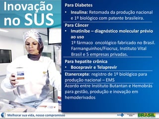 Inovação
no SUS
Para Diabetes
• Insulina: Retomada da produção nacional
e 1º biológico com patente brasileira.
Para Câncer...