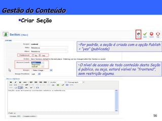 Gestão do Conteúdo Criar Seção Por padrão, a seção é criada com a opção Publish = “yes” (publicada) O nível de acesso de todo conteúdo desta Seção é público, ou seja, estará visível no “frontend”, sem restrição alguma. 