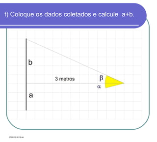 f) Coloque os dados coletados e calcule  a+b. 