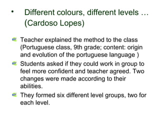 •        Different colours, different levels …
         (Cardoso Lopes)
      Teacher explained the method to the class
      (Portuguese class, 9th grade; content: origin
      and evolution of the portuguese language )
      Students asked if they could work in group to
      feel more confident and teacher agreed. Two
      changes were made according to their
      abilities.
      They formed six different level groups, two for
      each level.
30-01-2007           Funchal, 30 Janeiro 2007           3
 