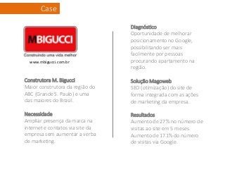 Case

                                  Diagnóstico
                                  Oportunidade de melhorar
                                  posicionamento no Google,
                                  possibilitando ser mais
                                  facilmente por pessoas
  www.mbigucci.com.br             procurando apartamento na
                                  região.

Construtora M. Bigucci            Solução Magoweb
Maior construtora da região do    SEO (otimização) do site de
ABC (Grande S. Paulo) e uma       forma integrada com as ações
das maiores do Brasil.            de marketing da empresa.

Necessidade                       Resultados
Ampliar presença da marca na      Aumento de 27% no número de
internet e contatos via site da   visitas ao site em 5 meses.
empresa sem aumentar a verba      Aumento de 171% do número
de marketing.                     de visitas via Google.
 