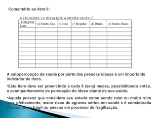 Comentário ao item 6:




A autopercepção da saúde por parte das pessoas idosas é um importante
indicador de risco.
•Este item deve ser preenchido a cada 6 (seis) meses, possibilitando então,
o acompanhamento da percepção do idoso diante de sua saúde.
•Aquela pessoa que considera seu estado como sendo ruim ou muito ruim
tem, efetivamente, maior risco de agravos sérios em saúde e é considerada
pessoa idosa frágil ou pessoa em processo de fragilização.
 