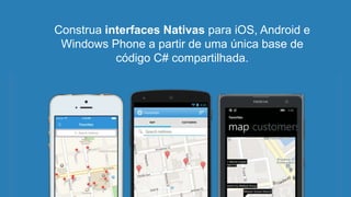 Construa interfaces Nativas para iOS, Android e
Windows Phone a partir de uma única base de
código C# compartilhada.
 