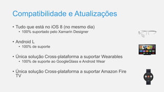 Compatibilidade e Atualizações
• Tudo que está no iOS 8 (no mesmo dia)
• 100% suportado pelo Xamarin Designer
• Android L
• 100% de suporte
• Única solução Cross-plataforma a suportar Wearables
• 100% de suporte ao GoogleGlass e Android Wear
• Única solução Cross-plataforma a suportar Amazon Fire
TV
 