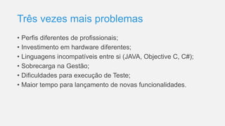 Três vezes mais problemas
• Perfis diferentes de profissionais;
• Investimento em hardware diferentes;
• Linguagens incompatíveis entre si (JAVA, Objective C, C#);
• Sobrecarga na Gestão;
• Dificuldades para execução de Teste;
• Maior tempo para lançamento de novas funcionalidades.
 