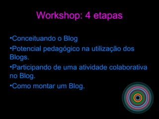 Workshop: 4 etapas
•Conceituando o Blog
•Potencial pedagógico na utilização dos
Blogs.
•Participando de uma atividade colaborativa
no Blog.
•Como montar um Blog.
 