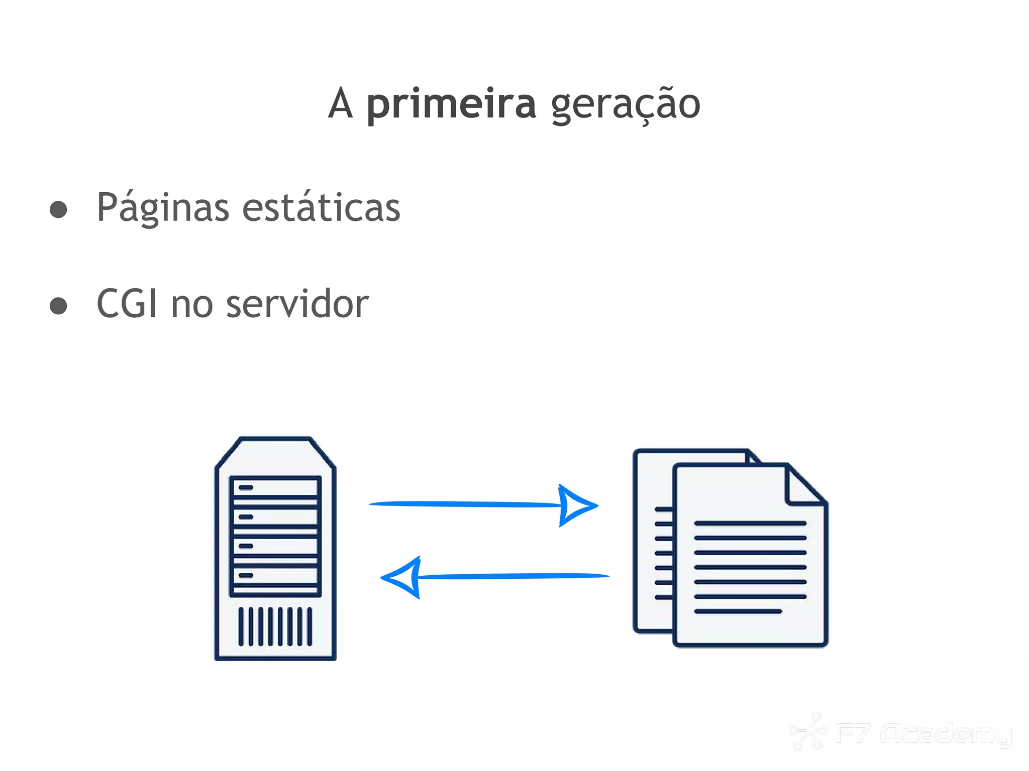 A primeira geração
● Páginas estáticas
● CGI no servidor
 