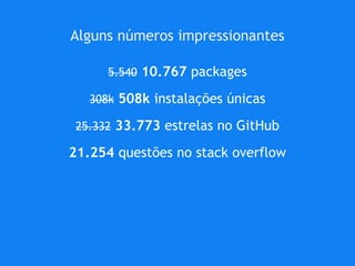 Alguns números impressionantes
5.540 10.767 packages
308k 508k instalações únicas
25.332 33.773 estrelas no GitHub
21.254 questões no stack overflow
 