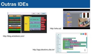 http://app.blockino.ufsc.br/
http://blog.ardublock.com/
http://s4a.cat/
Outras IDEs
 