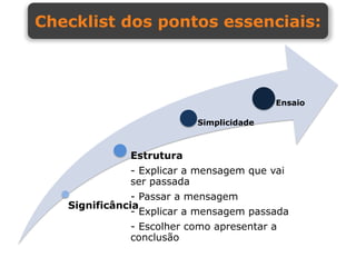 Checklist dos pontos essenciais:



                                          Ensaio

                           Simplicidade



              Estrutura
              - Explicar a mensagem que vai
              ser passada
               - Passar a mensagem
   Significância
               - Explicar a mensagem passada
              - Escolher como apresentar a
              conclusão
 