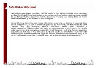 Safe‐Harbor Statement 

 We make forward‐looking statements that are subject to risks and uncertainties. These statements
 are based on the beliefs and assumptions of our management, and on information currently available
 to us. Forward‐looking statements include statements regarding our intent, belief or current
 expectations or that of our directors or executive officers
                                                    officers.

 Forward‐looking statements also include information concerning our possible or assumed future
 results of operations, as well as statements preceded by, followed by, or that include the words
 ''believes,'' ''may,'' ''will,'' ''continues,'' ''expects,'‘ ''anticipates,'' ''intends,'' ''plans,''
 ''believes '' ''may '' ''will '' ''continues '' ''expects '‘ ''anticipates '' ''intends '' ''plans '' ''estimates'' or
 similar expressions. Forward‐looking statements are not guarantees of performance. They involve
 risks, uncertainties and assumptions because they relate to future events and therefore depend on
 circumstances that may or may not occur. Our future results and shareholder values may differ
 materially from those expressed in or suggested by these forward‐looking statements. Many of the
                                                                       forward looking
 factors that will determine these results and values are beyond our ability to control or predict.




                                                                                                                          20
 
