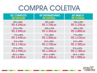 COMPRA COLETIVA
KIT COMPLETO   KIT INTERMEDIÁRIO   KIT BÁSICO
 R$ 4.810,00      R$ 4.070,00      R$ 3.550,00
 50% a 60%         50% a 60%         50% a 60%
R$ 4.390,00      R$ 3.700,00       R$ 3.230,00
 61% a 70%         60% a 70%         60% a 70%
R$ 3.940,00      R$ 3.300,00       R$ 2.880,00
  71% a 80%       71% a 80%         71% a 80%
R$ 3.440,00      R$ 2.900,00       R$ 2.530,00
  81% a 90%       81% a 90%         81% a 90%
R$ 3.140,00      R$ 2.700,00       R$ 2.380,00
  91% a 95%       91% a 95%         91% a 95%
R$ 2.940,00      R$ 2.500,00       R$ 2.180,00
 96 % a 100%      96 % a 100%       96 % a 100%
R$ 2.640,00      R$ 2.300,00       R$ 1.980,00
 