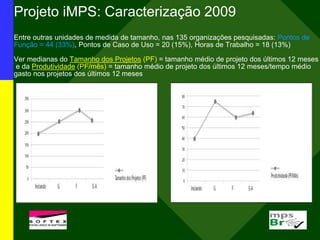 Projeto iMPS: Caracterização 2009
Entre outras unidades de medida de tamanho, nas 135 organizações pesquisadas: Pontos de
Função = 44 (33%), Pontos de Caso de Uso = 20 (15%), Horas de Trabalho = 18 (13%)
Ver medianas do Tamanho dos Projetos (PF) = tamanho médio de projeto dos últimos 12 meses
e da Produtividade (PF/mês) = tamanho médio de projeto dos últimos 12 meses/tempo médio
gasto nos projetos dos últimos 12 meses
 