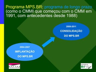 Programa MPS.BR: programa de longo prazo
(como o CMMI que começou com o CMM em
1991, com antecedentes desde 1988)
2004-2007
IMPLANTAÇÃO
DO MPS.BR
2008-2011
CONSOLIDAÇÃO
DO MPS.BR
 