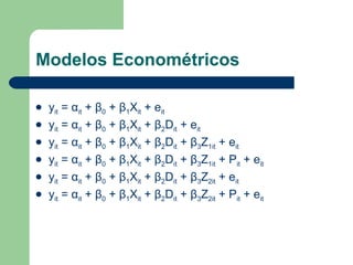 Modelos Econométricos y it  = α it  + β 0  + β 1 X it  + e it y it  = α it  + β 0  + β 1 X it  + β 2 D it  + e it y it  = α it  + β 0  + β 1 X it  + β 2 D it  + β 3 Z 1it  + e it y it  =  α it  +  β 0  +  β 1 X it  +  β 2 D it  +  β 3 Z 1it  + P it  + e it y it  =  α it  +  β 0  +  β 1 X it  +  β 2 D it  +  β 3 Z 2it  + e it y it  =  α it  +  β 0  +  β 1 X it  +  β 2 D it  +  β 3 Z 2it  + P it  + e it 