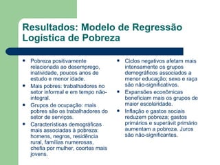 Resultados: Modelo de Regressão Logística de Pobreza Pobreza positivamente relacionada ao desemprego, inatividade, poucos anos de estudo e menor idade. Mais pobres: trabalhadores no setor informal e em tempo não-integral. Grupos de ocupação: mais pobres são os trabalhadores do setor de serviços. Características demográficas mais associadas à pobreza: homens, negros, residência rural, famílias numerosas, chefia por mulher, coortes mais jovens. Ciclos negativos afetam mais intensamente os grupos demográficos associados a menor educação; sexo e raça são não-significativos. Expansões econômicas beneficiam mais os grupos de maior escolaridade. Inflação e gastos sociais reduzem pobreza; gastos primários e superávit primário aumentam a pobreza. Juros são não-significantes. 