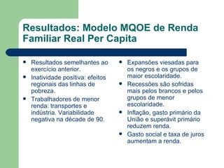 Resultados: Modelo MQOE de Renda Familiar Real Per Capita Resultados semelhantes ao exercício anterior. Inatividade positiva: efeitos regionais das linhas de pobreza. Trabalhadores de menor renda: transportes e indústria. Variabilidade negativa na décade de 90. Expansões viesadas para os negros e os grupos de maior escolaridade. Recessões são sofridas mais pelos brancos e pelos grupos de menor escolaridade. Inflação, gasto primário da União e superávit primário reduzem renda. Gasto social e taxa de juros aumentam a renda. 