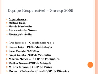 Equipe Responsável – Saresp 2009 
   Supervisores :
   Militino Roza
   Márcia Marchesin
   Luis Antonio Nunes  
   Rosângela Ávila

    Professores    Coordenadores   :   
    Irene Inês – PCOP de Biologia
   Joana Macedo- PCOP Ciclo I
   Jozani Gregolin- PCOP de Matemática
   Márcia Mecca – PCOP de Português
   Marilisa Pereira – PCOP de Português
   Milton Menon­ PCOP de Física
   Robson Cléber da Silva­ PCOP de Ciências      
 