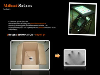 MultitouchSurfaceshardwareFazer com que a ação dos dedosnasuperfíciecriealgumaparticularidadeóptica- mesmoquenãosejaperceptívelaosolhoshumanos - de modoqueessapossa ser captadaporumacâmeraconectada a um computador. DIFFUSED Illumination – FRONT DI