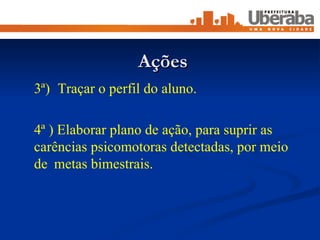 Ações 3ª)  Traçar o perfil do aluno. 4ª ) Elaborar plano de ação, para suprir as carências psicomotoras detectadas, por meio de  metas bimestrais. 