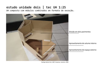 estudo unidade dois | tec UH 1:25UH composta com módulos combinados em formato de exceção.Divisão em dois pavimentosAproveitamento de volume internoAproveitamento de espaço externoRodrigo Gabriel Zeni, UNIP, Campinas, matutino, 2009. 