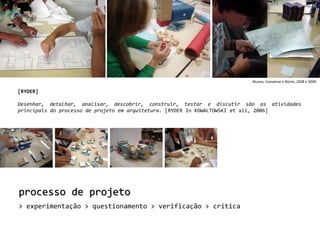 Alunos, Campinas e Norte, 2008 e 2009. [RYDER]Desenhar, detalhar, analisar, descobrir, construir, testar e discutir são as atividades principais do processo de projeto em arquitetura. [RYDER In KOWALTOWSKI et ali, 2006]processo de projeto> experimentação > questionamento > verificação > crítica