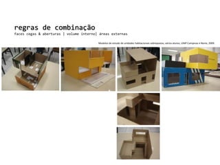 regras de combinaçãofaces cegas & aberturas | volume interno| áreas externasModelos de estudo de unidades habitacionais sobrepostas, vários alunos, UNIP Campinas e Norte, 2009. 