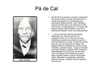Pá de Cal No dia 26 de novembro cumprem o prometido. Os navios entram na barra. Em terra firme, a anistia é revogada e os marinheiros são apanhados desprevenidos. João Cândido é preso e enviado para uma masmorra na Ilha das Cobras. Lá permanece por 18 meses. Ele mesmo contou a Edmar Morel, autor de "A Revolta da Chibata", como viveu este período:  "__Foi horrível! Dos dezoito camaradas, instalados num mesmo cubículo, só escaparam dois: eu e o Pau de Lira, que trabalhava na estiva (no porão do navio) no cais dos Mineiros, no Caju. O resto foi comido pelo cal, que se misturava com água, era jogada dentro do subterrâneo. Outros, de tão inchados, pareciam sapos... Alguns, corroídos pela sede, bebiam a própria urina. Fazíamos necessidades num barril que, de tão cheio, rolou inundando tudo. Resistimos a pão e água. Quando abriram a porta, havia gente podre. Retiraram os cadáveres, deixando apenas nós dois. Lá fiquei, até ser internado como louco".  