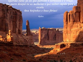 Querida Sara: já sei que partiste o tornozelo e o braço. Eu quero desejar-te as melhoras e que voltes rápido para a escola.  Dez beijinhos e boas férias! Ruben 