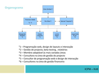 Organograma*1 – Programação web, design de layouts e interacção*2 – Gestão de projecto, beta-testing , relatórios*3 – Membro adaptável às mais variadas áreas*4 – Consultora na área de gestão do projecto*5 – Consultor de programação web e design de interacção*6 – Consultores na área de gestão financeiraICPM – Kri8