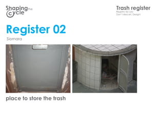 the              TrashLixo
                           Registro do
                                       register
                           Dont descart, Design!




Register 02
Siomara




place to store the trash
 