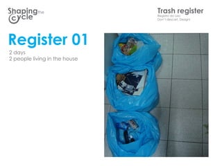 the                 TrashLixo
                               Registro do
                                           register
                               Dont descart, Design!




Register 01
2 days
2 people living in the house
 