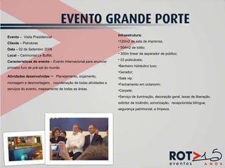 Evento  –  Visita Presidencial Cliente  – Petrobras Data  – 02 de Setembro 2008 Local  – Cerimonial Le Buffet. Características do evento  – Evento Internacional para anunciar primeiro furo de pré-sal do mundo. Atividades desenvolvidas  –  Planejamento, orçamento, montagem e desmontagem,  coordenação de todas atividades e serviços do evento, mapeamento de todas as áreas. Infraestrutura: 120m2 de sala de imprensa; 504 m2 de toldo; 300m linear de separador de público; 03 praticáveis; Banheiro hidráulico luxo; Gerador; Sala vip; Fechamento em octanorm; Carpete; Serviço de iluminação, decoração geral, taxas de liberação, extintor de incêndio, sonorização,  recepcionista bilíngue, segurança patrimonial, e limpeza.  