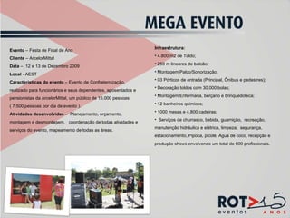 Evento  – Festa de Final de Ano Cliente  – ArcelorMittal Data  –  12 e 13 de Dezembro 2009 Local  - AEST Características do evento  – Evento de Confraternização, realizado para funcionários e seus dependentes, aposentados e pensionistas da ArcelorMittal, um público de 15.000 pessoas ( 7.500 pessoas por dia de evento ). Atividades desenvolvidas  –  Planejamento, orçamento, montagem e desmontagem,  coordenação de todas atividades e serviços do evento, mapeamento de todas as áreas. Infraestrutura: 4.800 m2 de Toldo; 259 m lineares de balcão; Montagem Palco/Sonorização; 03 Pórticos de entrada (Principal, Ônibus e pedestres); Decoração toldos com 30.000 bolas; Montagem Enfermaria, berçario e brinquedoteca; 12 banheiros quimicos; 1000 mesas e 4.800 cadeiras; Serviços de churrasco, bebida, guarnição,  recreação, manutenção hidráulica e elétrica, limpeza,  segurança, estacionamento, Pipoca, picolé, Água de coco, recepção e produção shows envolvendo um total de 600 profissionais. 