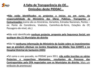 A falta de Transparência do OE…
Omissões deste PIDDAC…
Não estão identificados os projectos a iniciar, ou em curso, da
responsabilidade do Ministério das Obras Públicas, Transportes e
Comunicações (como são os Itinerários, Variantes, Estradas Nacionais, Pontes –
ex: Ponte de Constância, Viadutos, Caminhos-de-ferro, Estações da CP,
Passagens-de-nível, etc.)
Não está identificado nenhum projecto, proposto pela Segurança Social, em
qualquer dos 21 Municípios do distrito
Não há nenhuma informação do Ministério da Saúde sobre os investimentos
que se prevêem efectuar no Centro Hospitalar do Médio Tejo (CHMT) e no
Hospital Distrital de Santarém (HDS)
Tal como o ano passado, no PIDDAC para 2011, não estão inscritos os vários
Projectos e respectivos Montantes, resultantes do Processo das
Contrapartidas pela OTA negociados com os Municípios do distrito. Mais um
embuste de promessas!
 