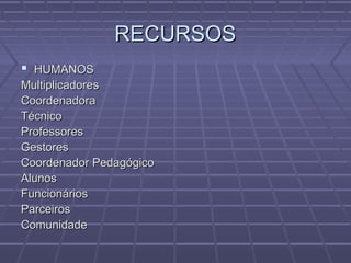 RECURSOSRECURSOS
 HUMANOSHUMANOS
MultiplicadoresMultiplicadores
CoordenadoraCoordenadora
TécnicoTécnico
ProfessoresProfessores
GestoresGestores
Coordenador PedagógicoCoordenador Pedagógico
AlunosAlunos
FuncionáriosFuncionários
ParceirosParceiros
ComunidadeComunidade
 